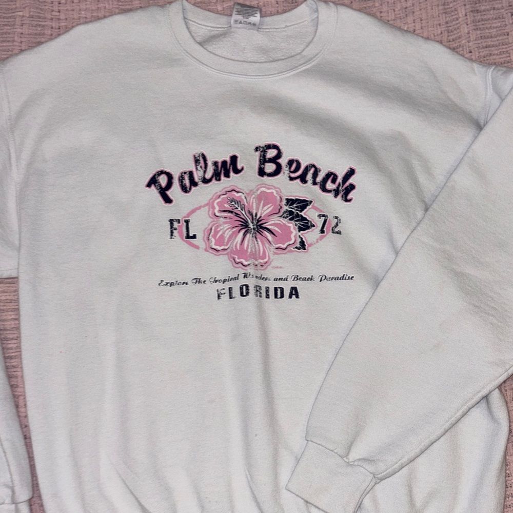White Palm Beach Sweatshirt with Pink Floral Design